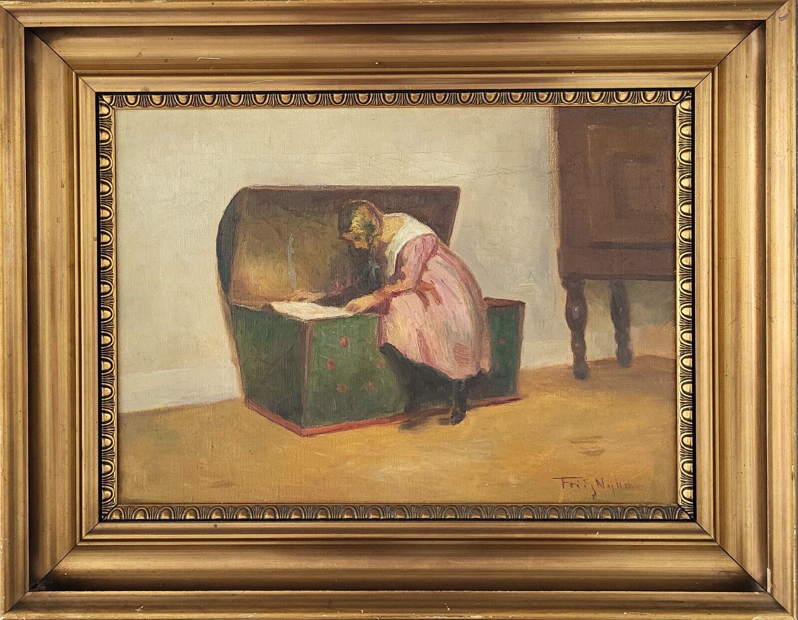 Antique oil painting Poul Friis Nybo(1869-1929): “Interior with reading girl”