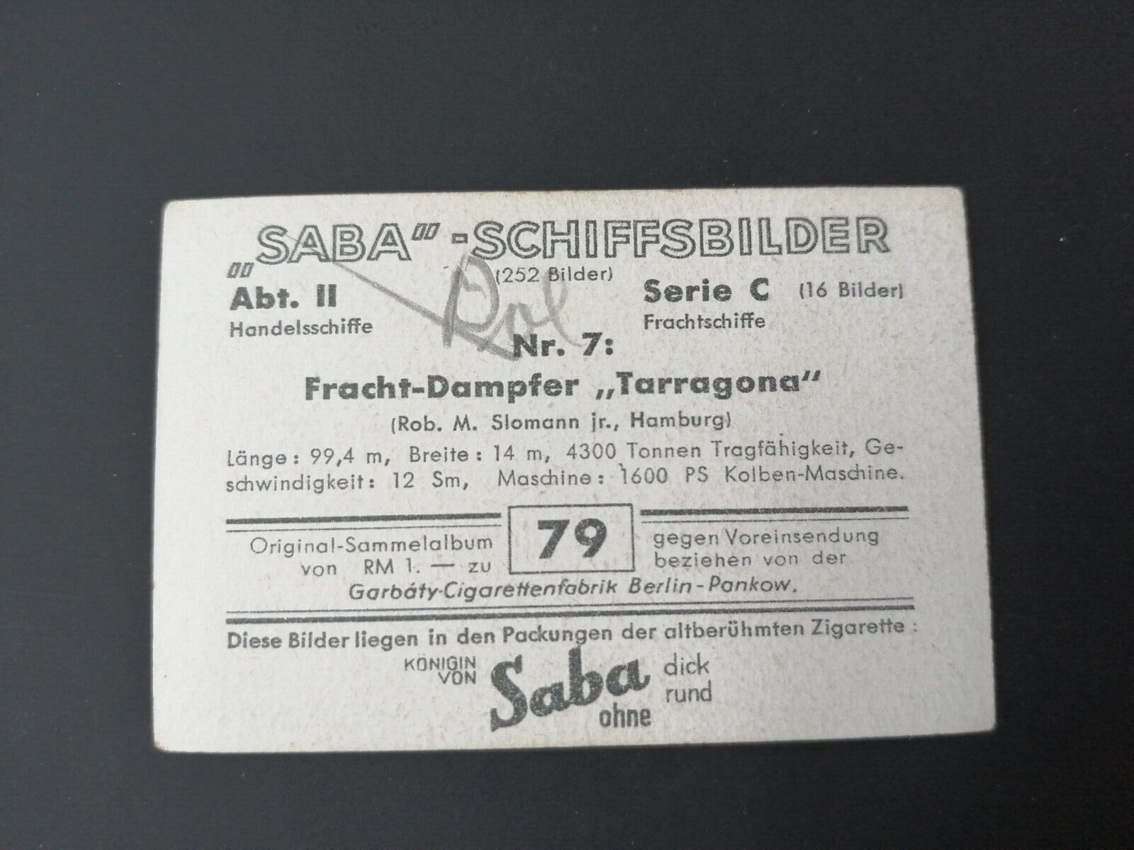 German SABA tobacco ship trading card 1931-33No 79 " Tarragona" Hamburg