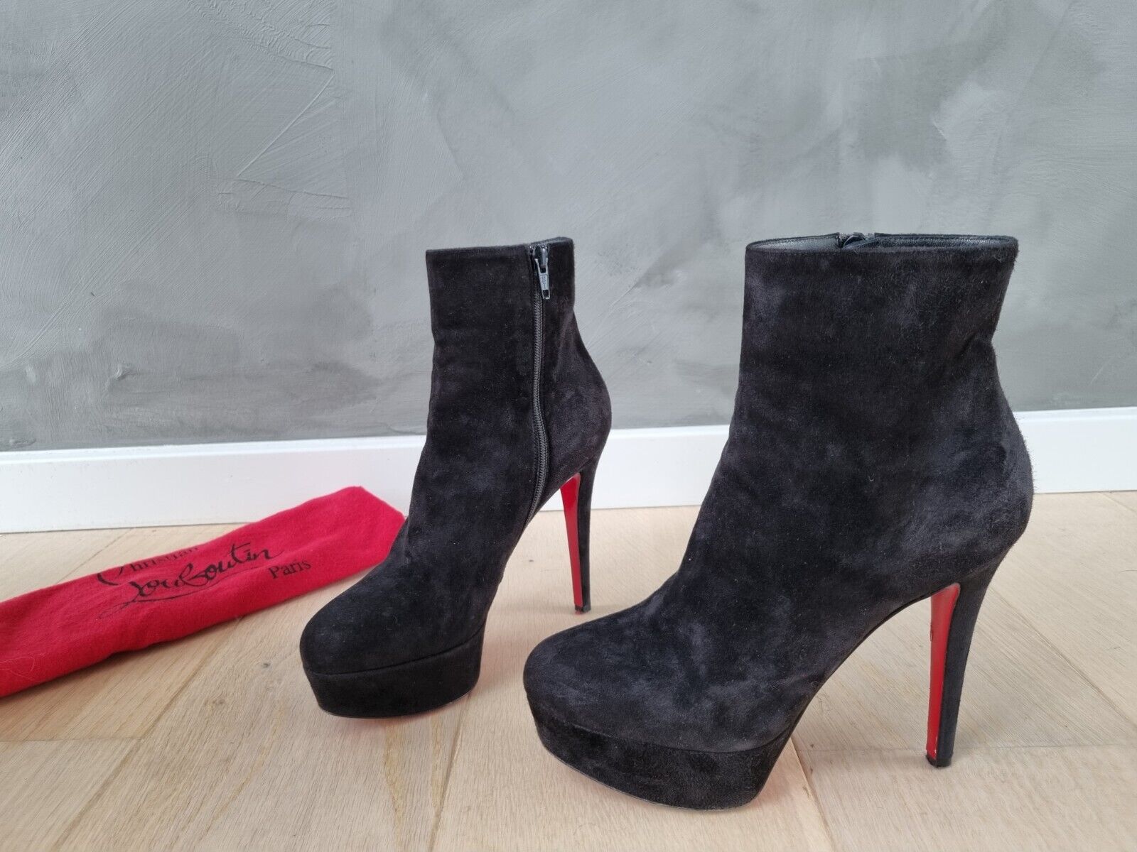 **Christian Louboutin** Black Suede Bianca Booty 120 Ankle Boots Sz 36.5