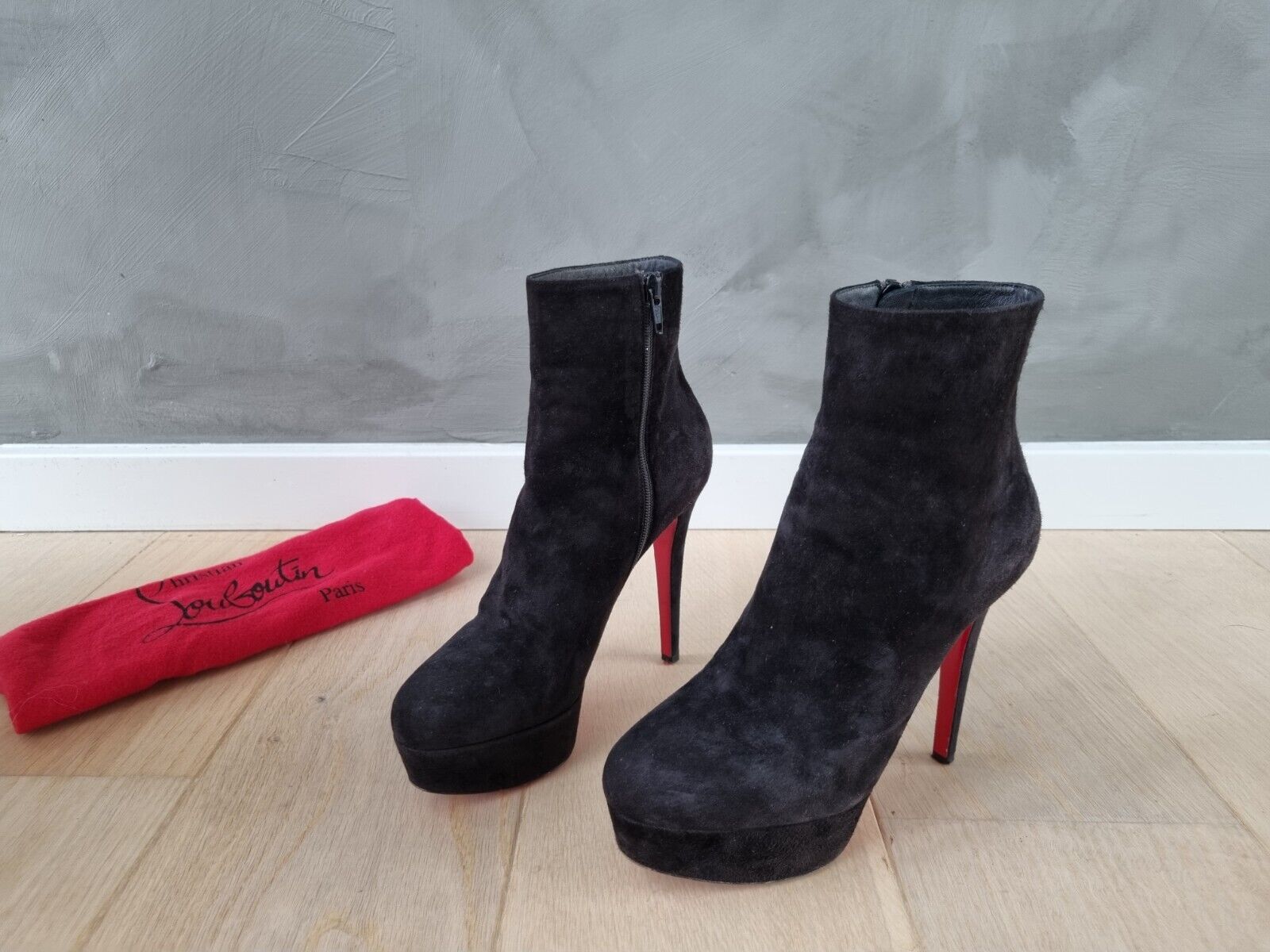 **Christian Louboutin** Black Suede Bianca Booty 120 Ankle Boots Sz 36.5