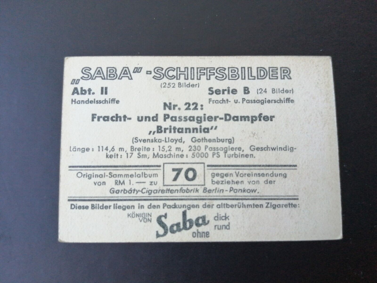 German SABA tobacco ship trading card 1931-33No 70"Britannia" Sweden