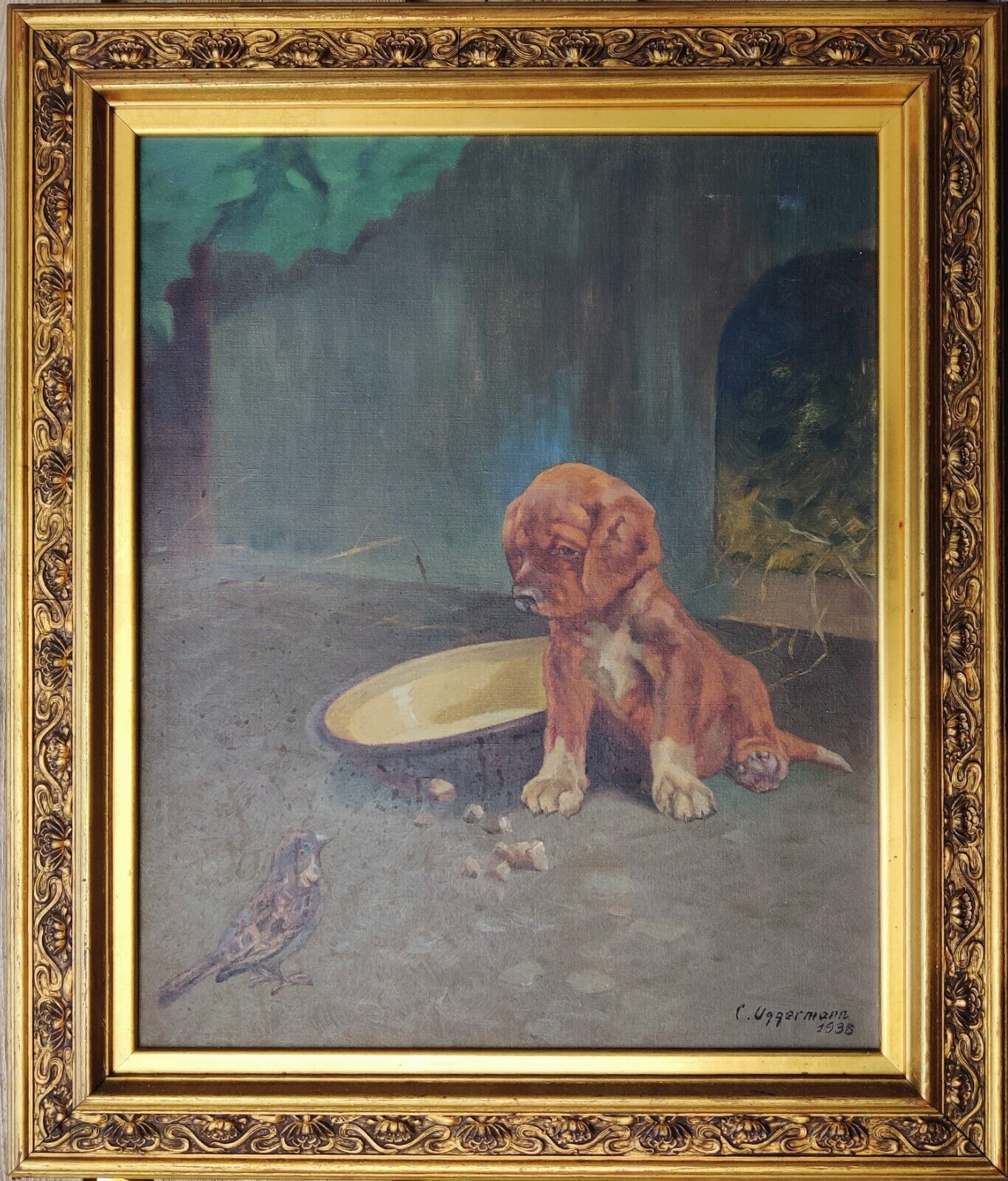 C. Uggermann: PUPPY AND SPARROW, oil painting