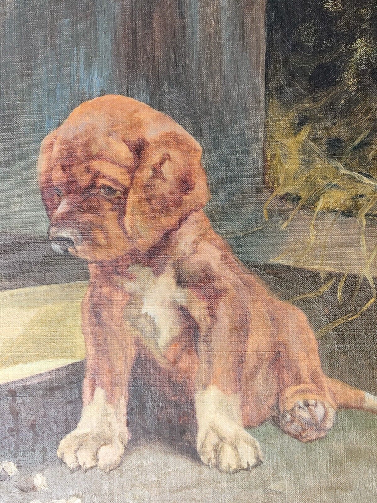 C. Uggermann: PUPPY AND SPARROW, oil painting