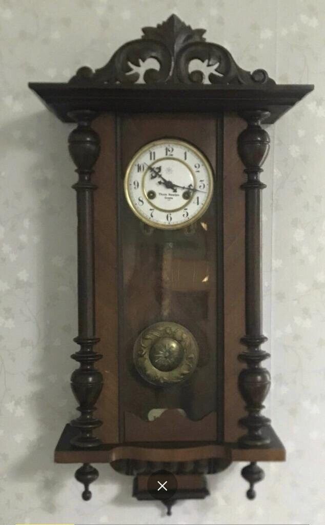 Antique Thure Newton Wall Clock - Elegant Wooden Design with Brass Details