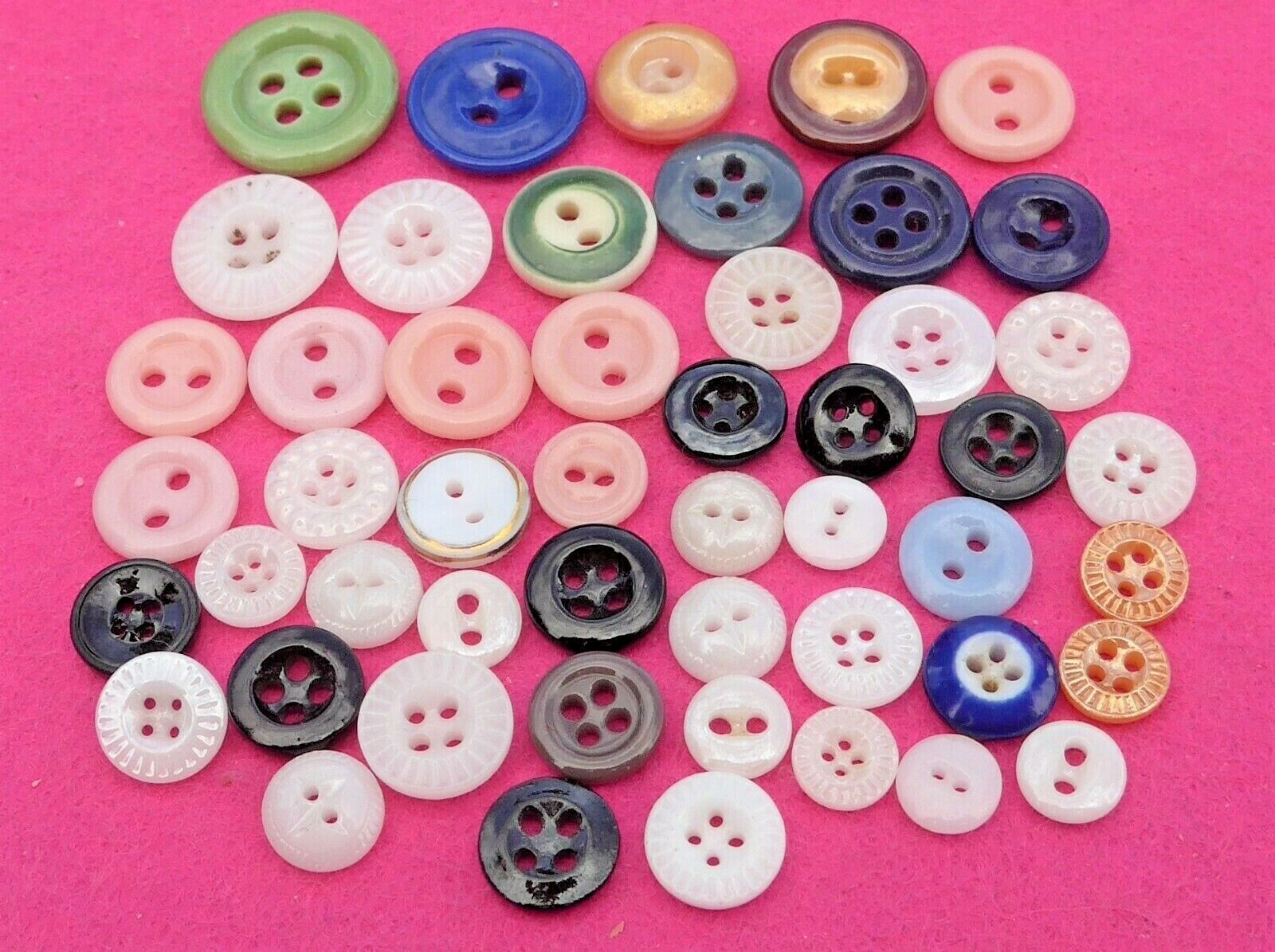 50 vintage CHINA/POCELAIN  buttons - colors shapes sizes - all sew-thru ( 11 )