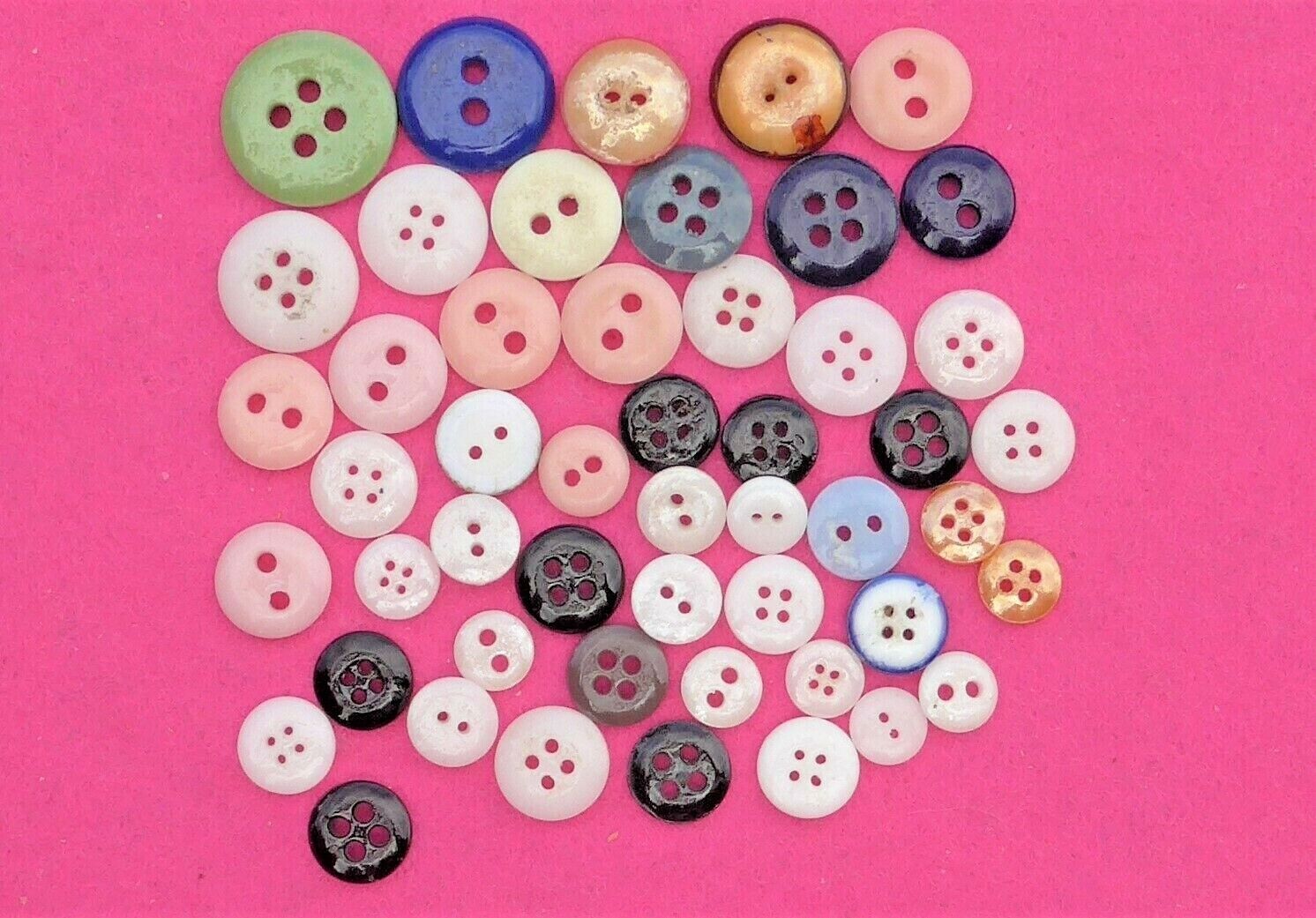 50 vintage CHINA/POCELAIN  buttons - colors shapes sizes - all sew-thru ( 11 )