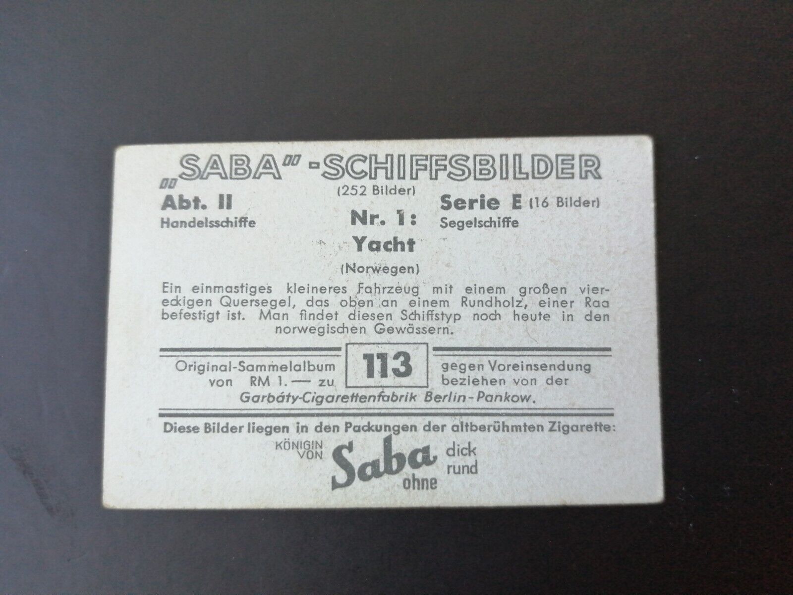 German SABA tobacco ship trading card 1931-33No 113NorwayYacht