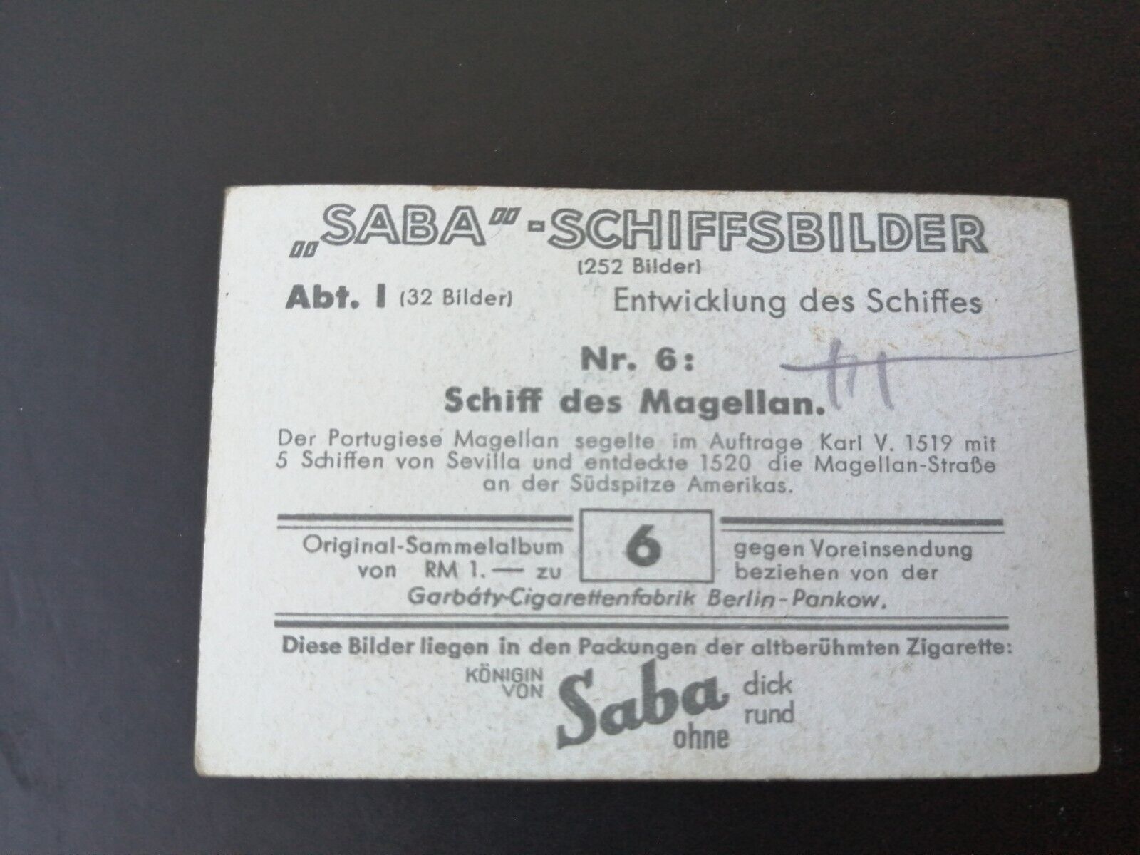 German SABA tobacco ship trading card 1931-33No 6 "Magellan" Portugal