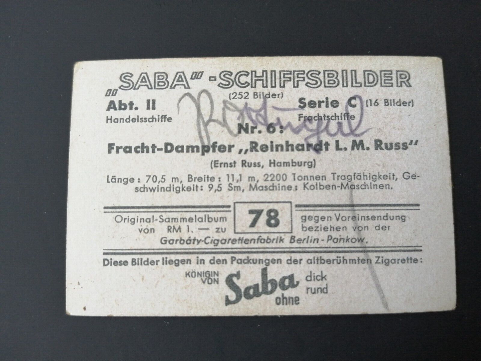 German SABA tobacco ship trading card 1931-33No 78 " Reinhardt LMRuss"