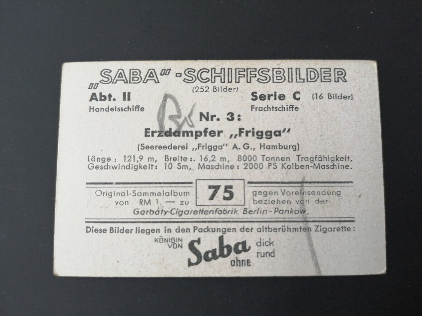 German SABA tobacco ship trading card 1931-33No 75 " Frigga" Hamburg