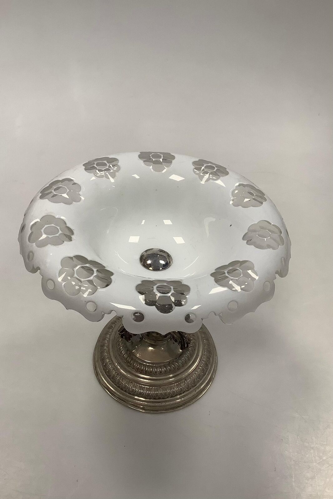 Antique Glass dish with silver base in clear and white glass