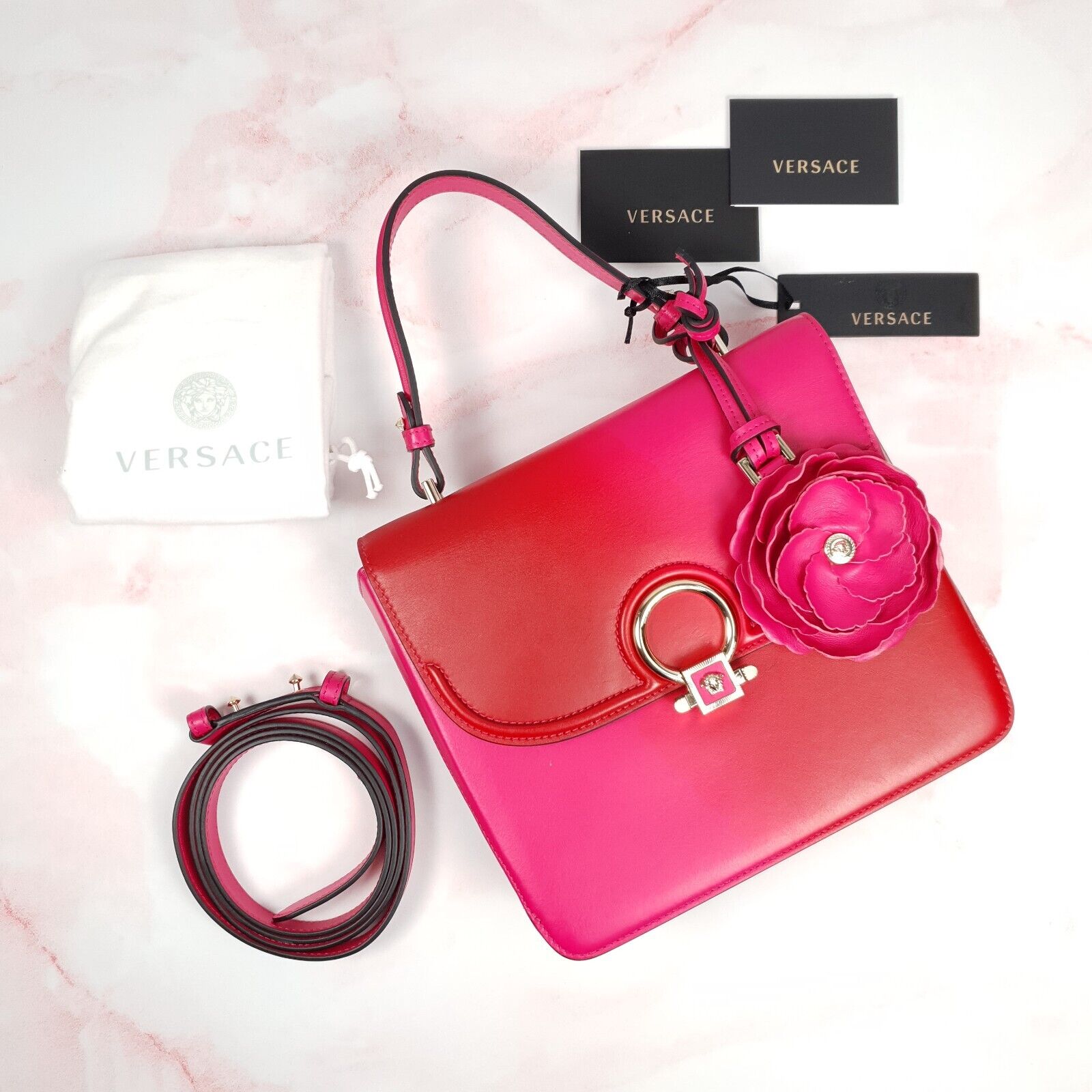 Versace Bag DV One Pink Red Handbag Top Handle Flower Charm Medusa RARE