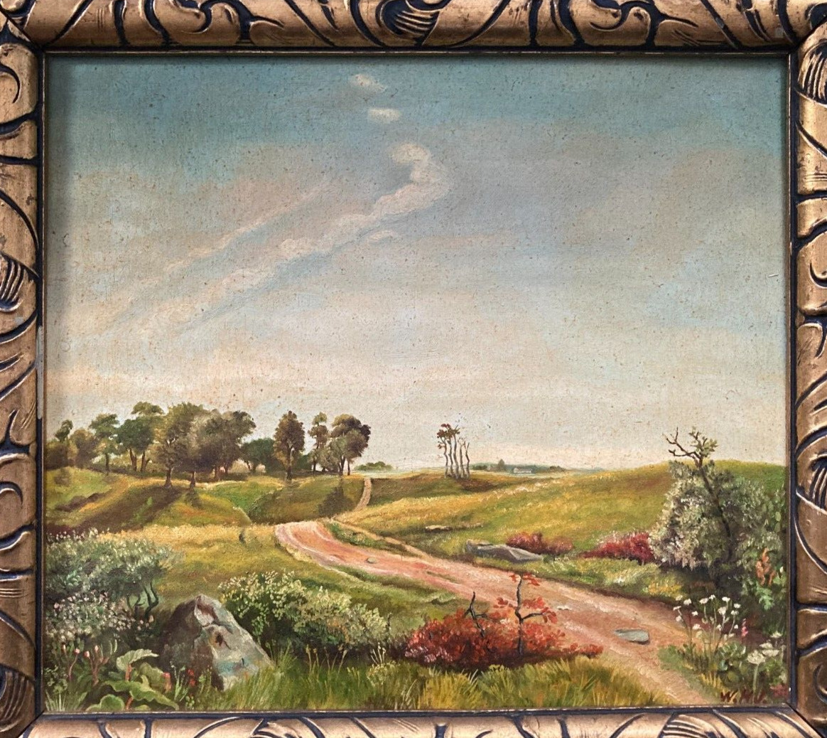 W.H.J. Danish Artist Landscape Road Oil Painting L44cm x H39 Framed