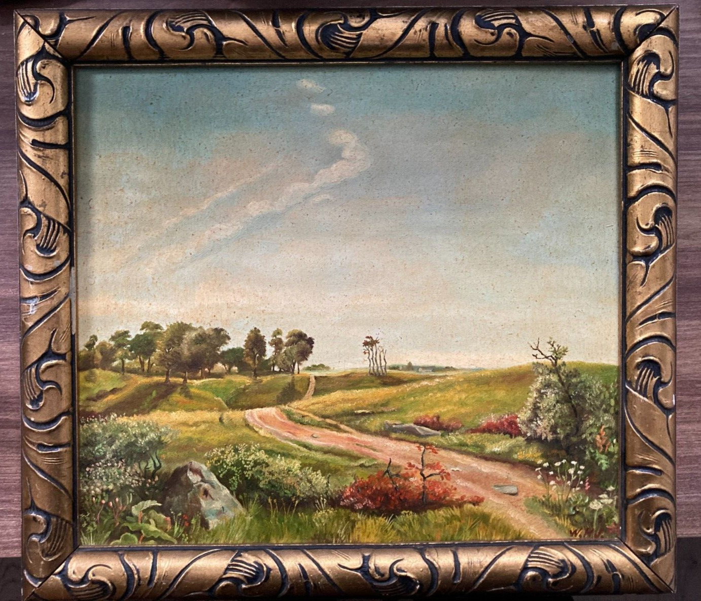 W.H.J. Danish Artist Landscape Road Oil Painting L44cm x H39 Framed