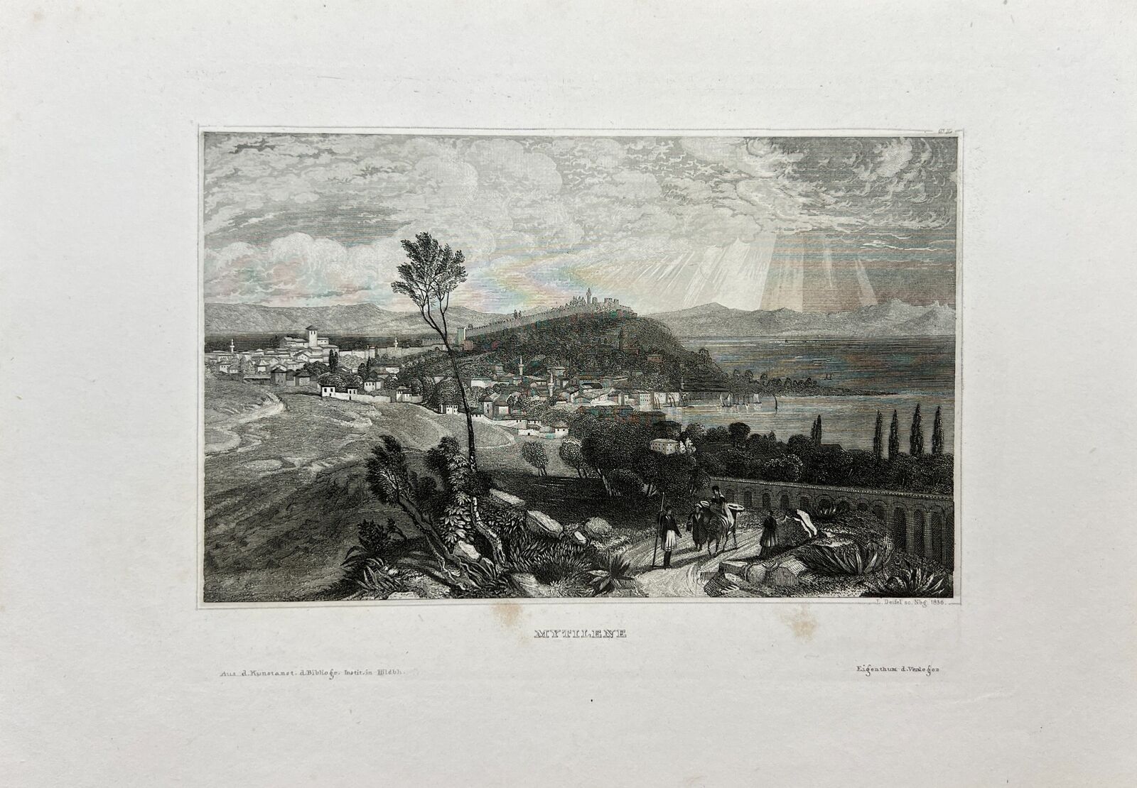 Original Antique Engraving - Karl Reiss - View of Mytilene - Greece - E5