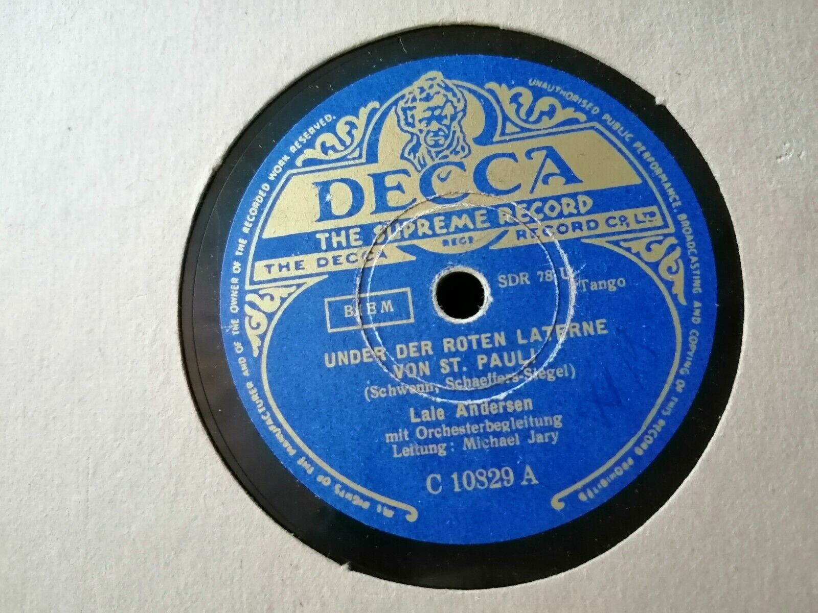 78 rpm shellac recordLALE ANDERSEN"Unter Der Roten Lanterne/Kleines Sommermärc