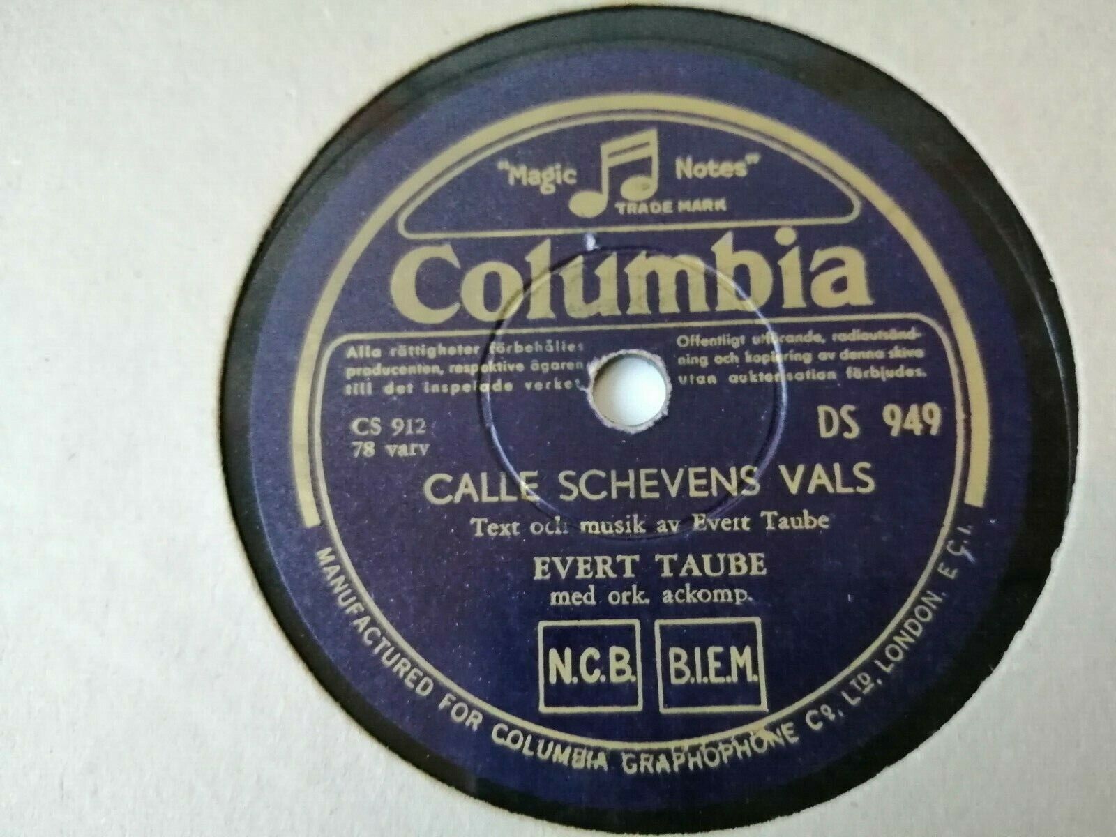 78 RPM  shellacEVERT TAUBEMöte i Monsunen/Calle Schevens ValsColumbia DS 949