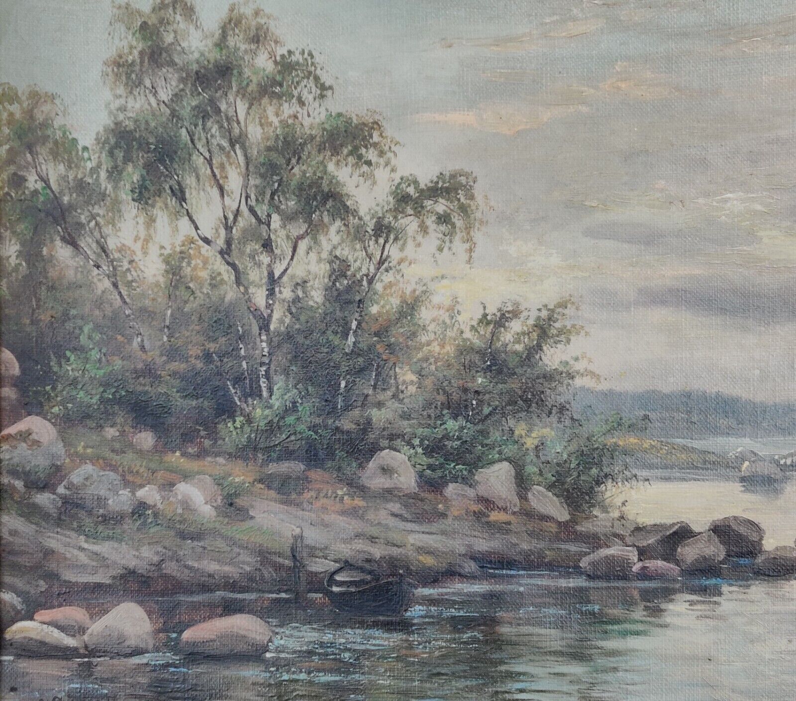 THE LITTLE COVE WITH STONES and BOAT original antique oil painting