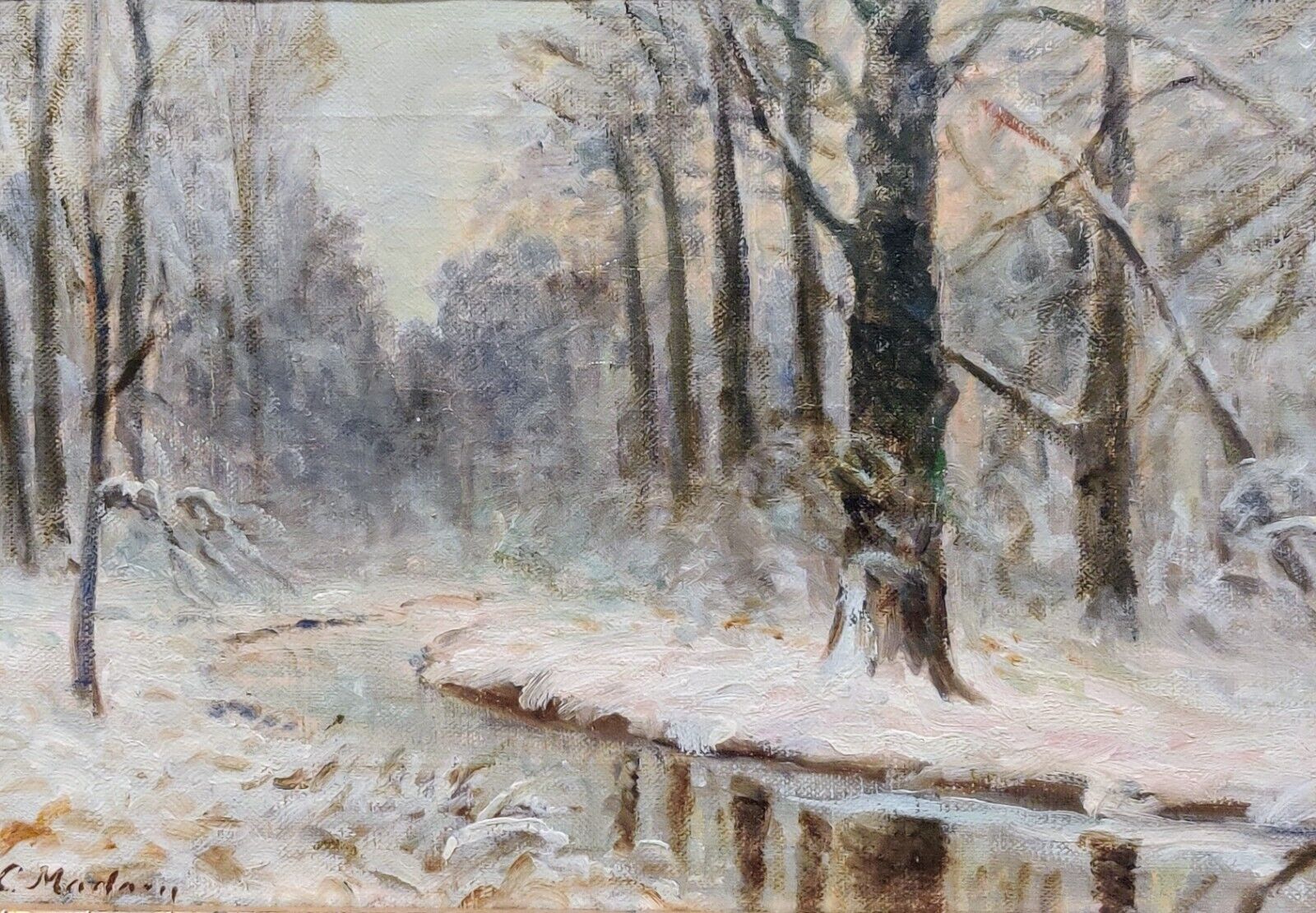 WINTER STREAM IN FOREST original oil painting