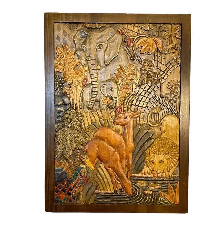 Vintage Wooden Wall Art Jungle Animals Hand Carved Wooden Wall Art Decoration –