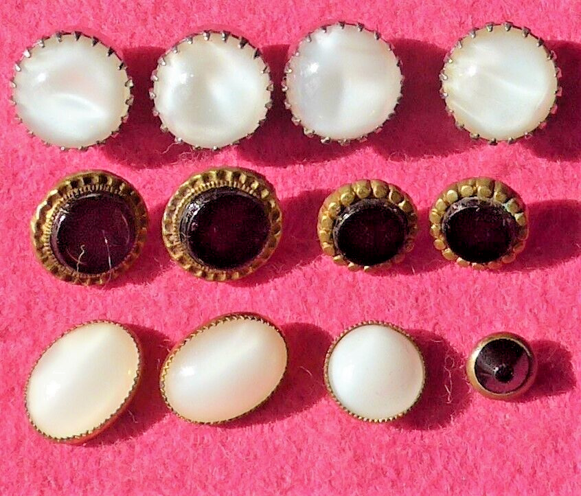 12 small COLLECTABLE vintage METAL buttons - WHITE/BLACK? GLASS INSERTS (4)