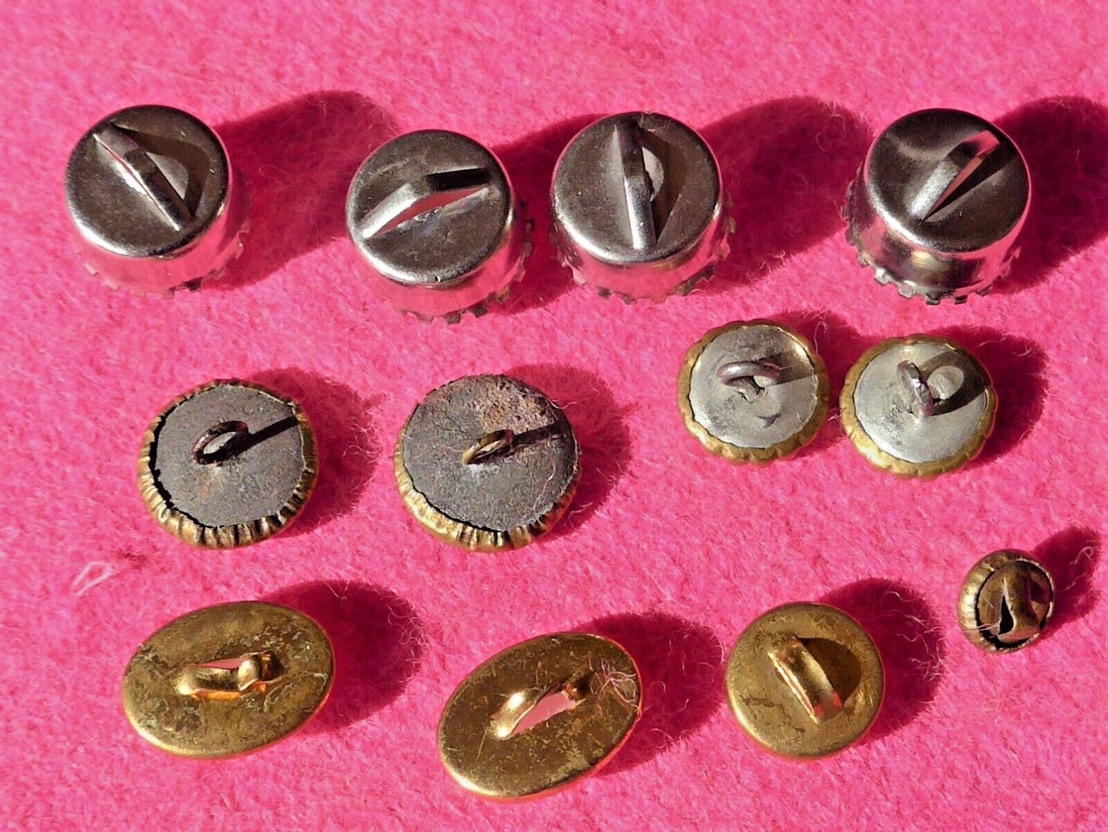 12 small COLLECTABLE vintage METAL buttons - WHITE/BLACK? GLASS INSERTS (4)