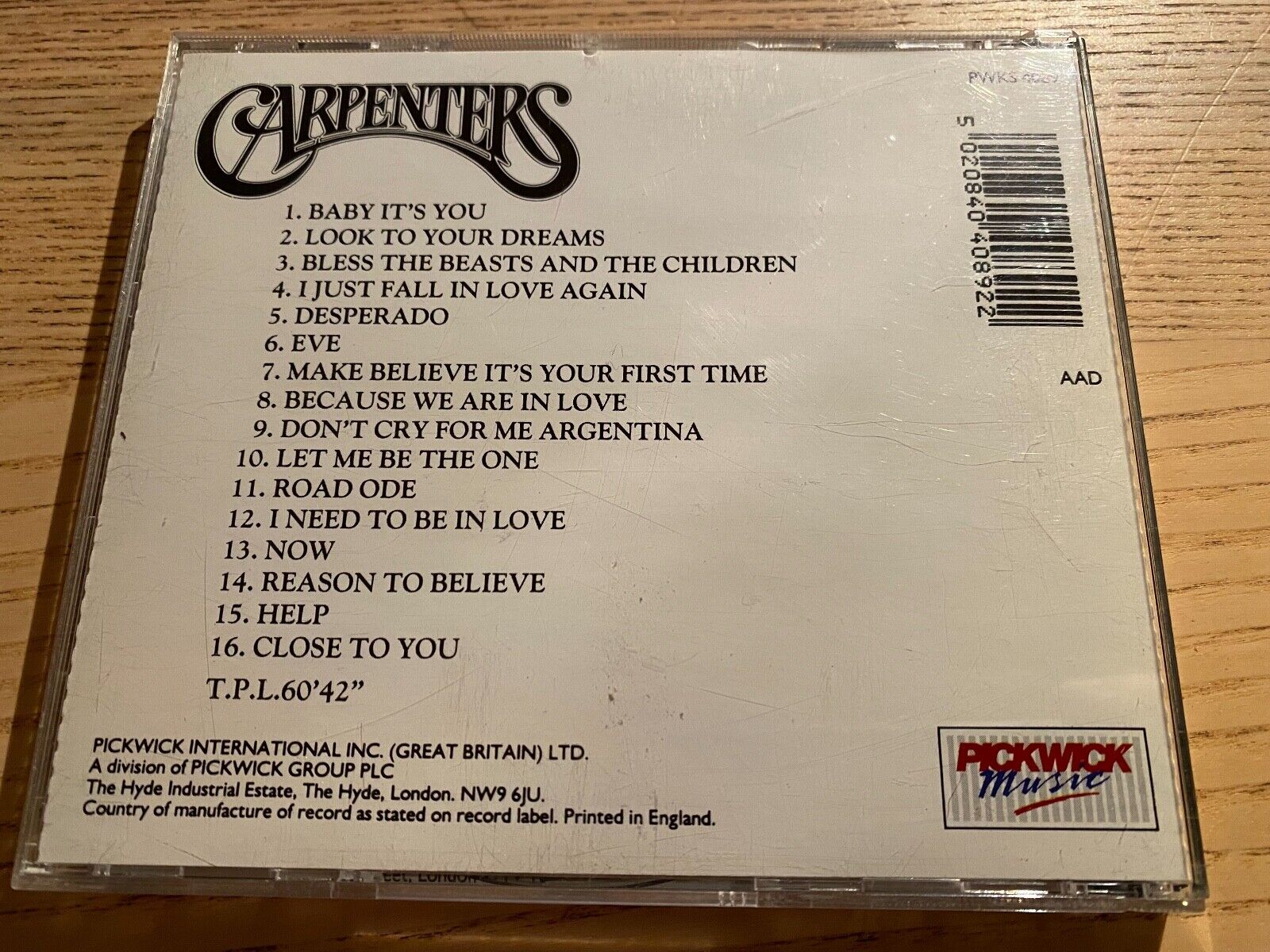 CARPENTERS "TREASURES" 1992 AAD CD 16 TRACKS A  M GOLD PICKWICK UNITED KINGDOM*