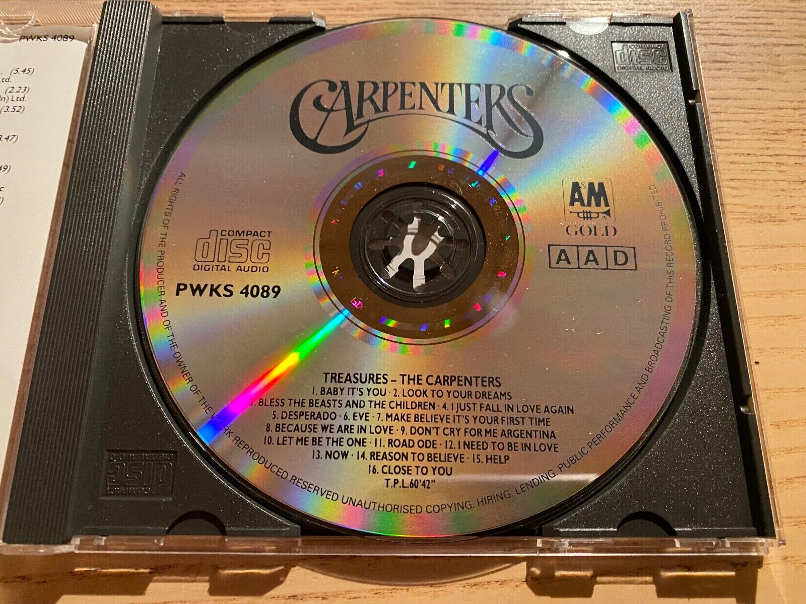 CARPENTERS "TREASURES" 1992 AAD CD 16 TRACKS A  M GOLD PICKWICK UNITED KINGDOM*