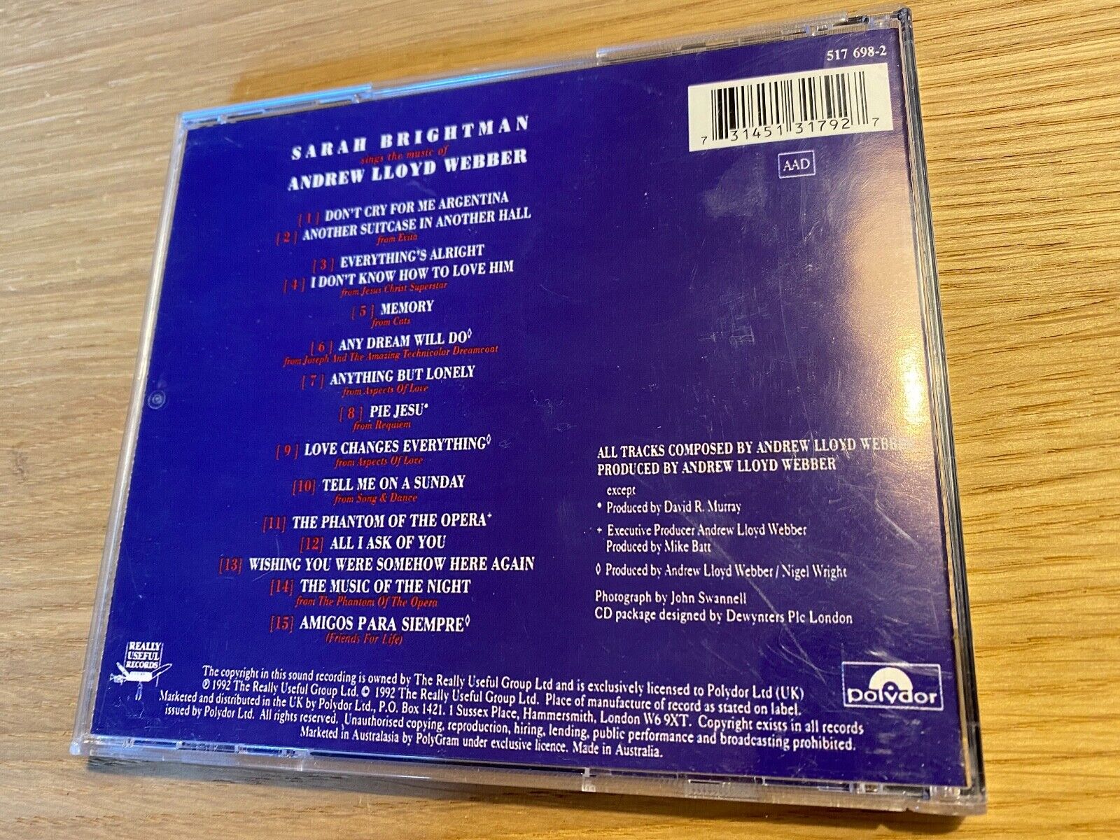 SARAH BRIGHTMAN SINGS ANDREW LLOYD WEBBER POLYDOR REALLY USEFUL RECORDS 1992 CD*