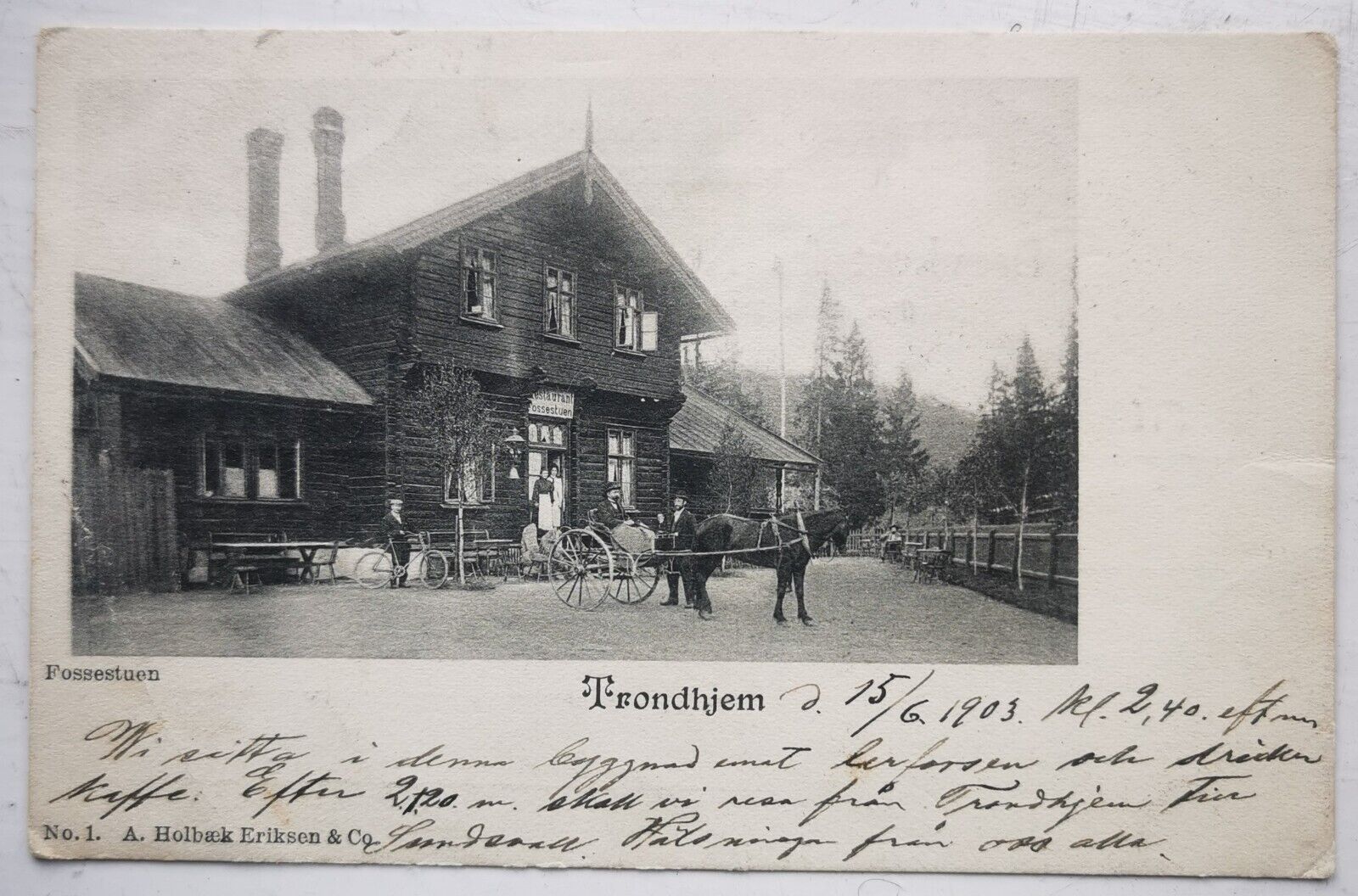 Old postcard: Horse wagon in front of Fossestuen Trondhjem in 1903  pok1247