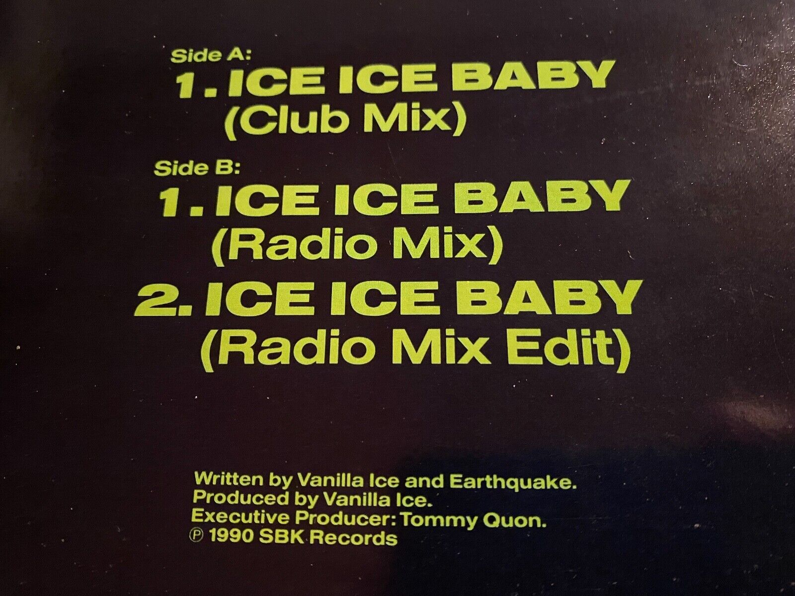 VANILLA ICE "ICE ICE BABY" 1990 12" MAXI SBK ULTRA EMI 3 REMIXES QUEEN SAMPLE 12