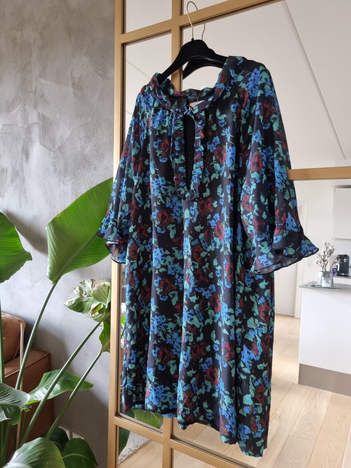 **GANNI** Blue Ruffle Floral Print Dress Size 36