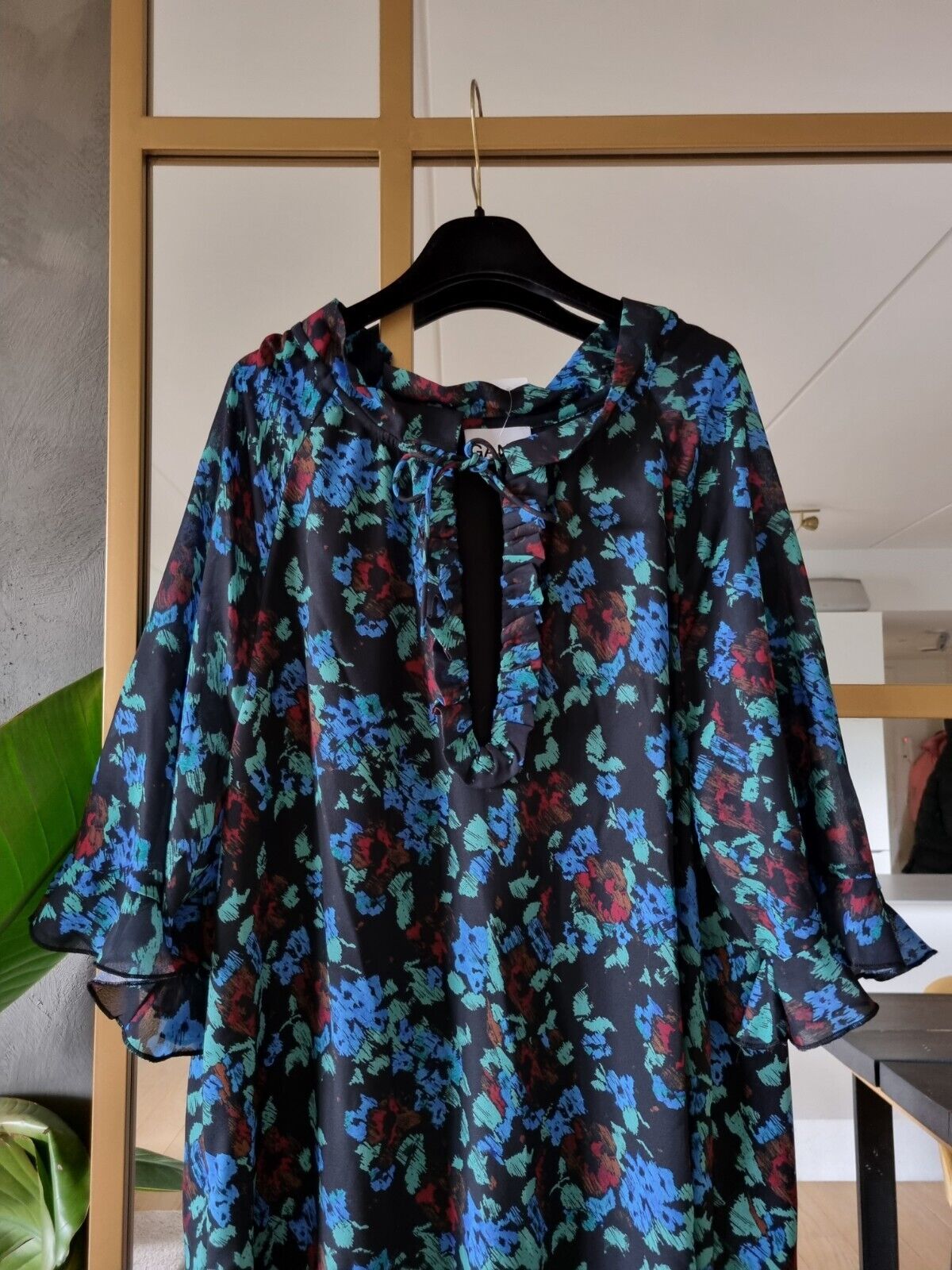 **GANNI** Blue Ruffle Floral Print Dress Size 36