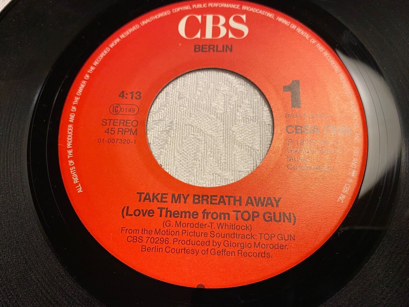 BERLIN "TAKE MY BREATH AWAY" 1986 CBS RECORDS TOP GUN LOVE THEME 1 PRESSING OOP