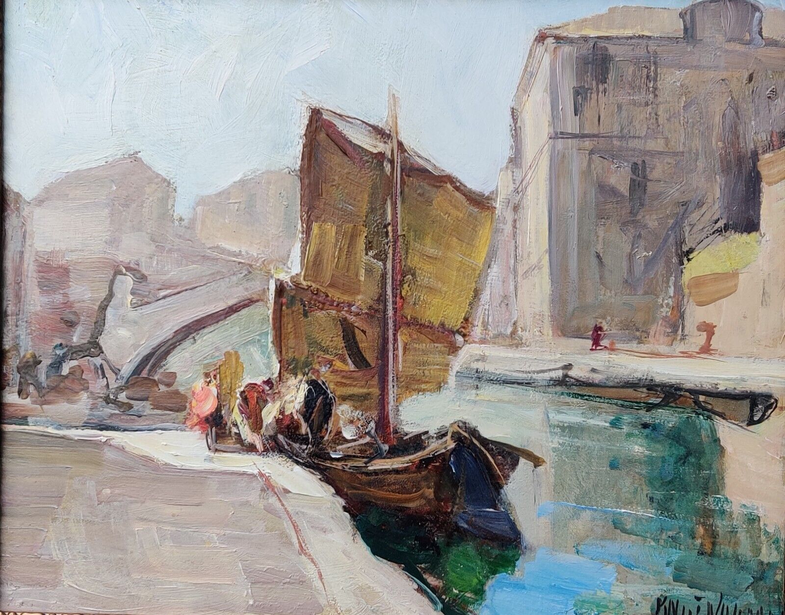 Knut Norman (1896-1977): SAILBOAT IN CHOGGIA CANAL original oil painting