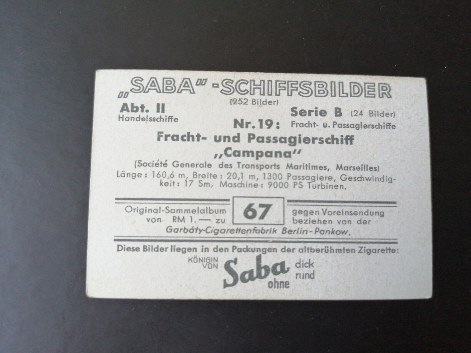 German SABA tobacco ship trading card 1931-33No 67"Campana" France