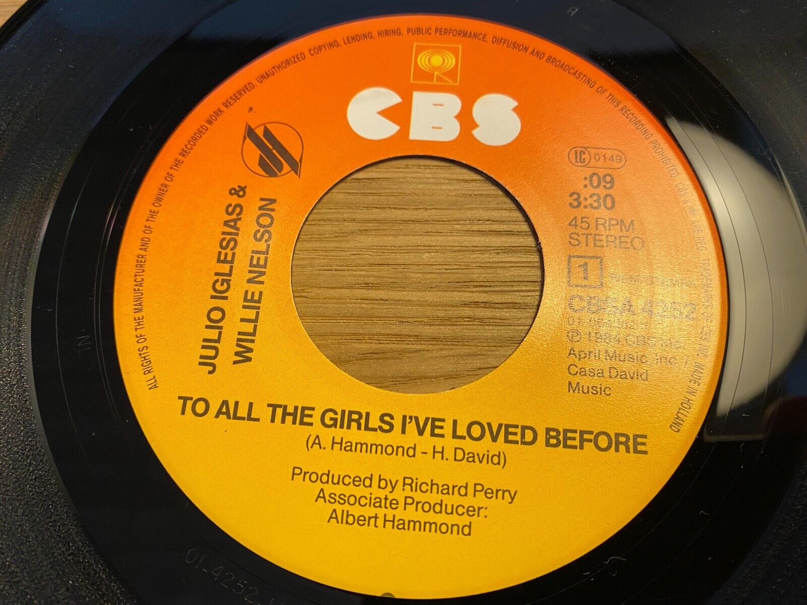 JULIO IGLESIAS  WILLIE NELSON "TO ALL THE GIRLS I´VE LOVED BEFORE" 1984 EPIC 7"