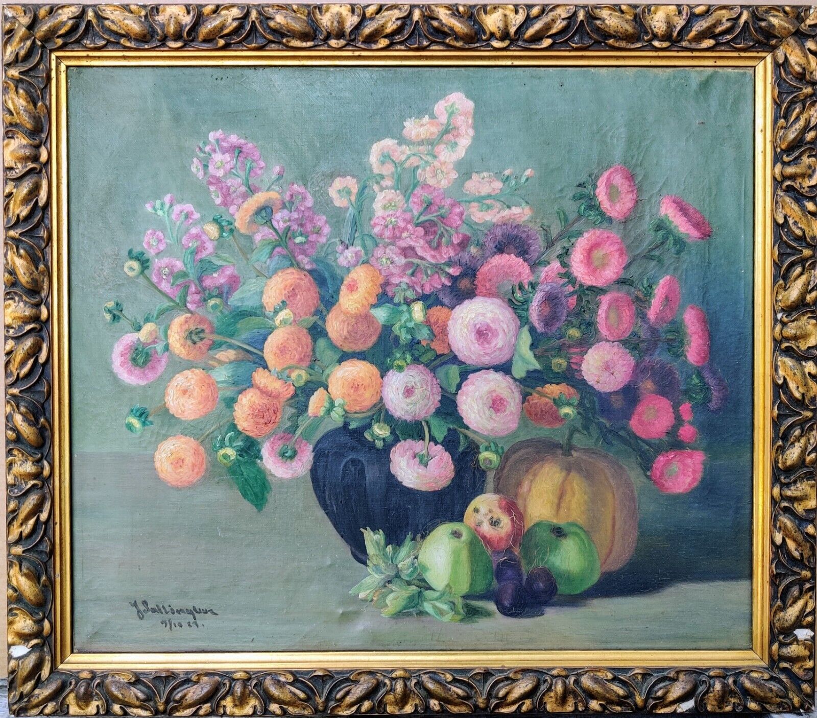 FLOWERS IN A VASE AND FRUITS, original oil painting.