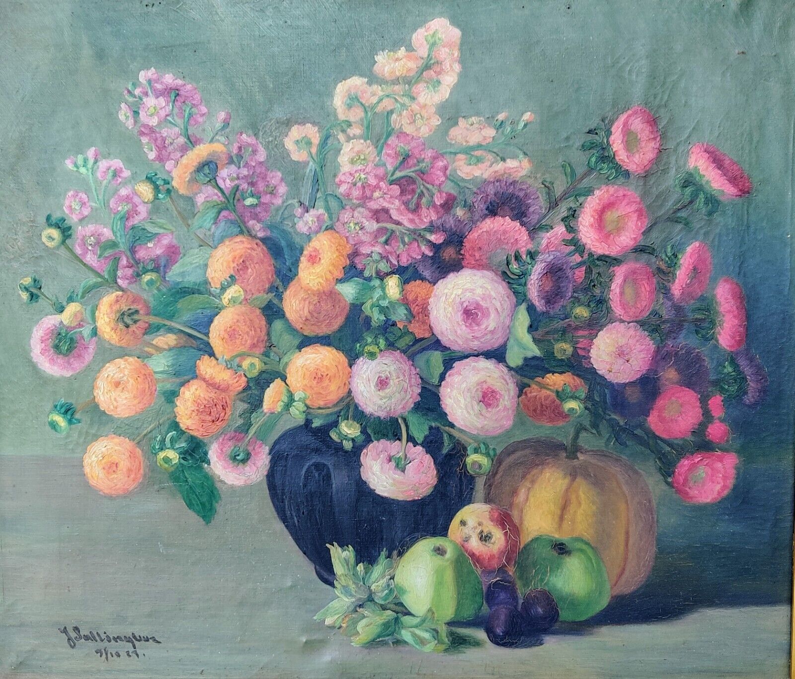 FLOWERS IN A VASE AND FRUITS, original oil painting.