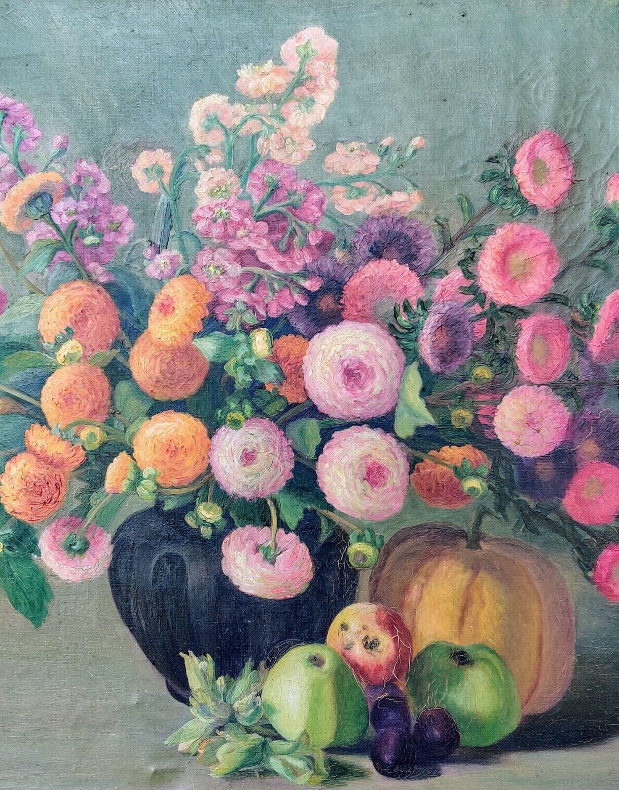 FLOWERS IN A VASE AND FRUITS, original oil painting.