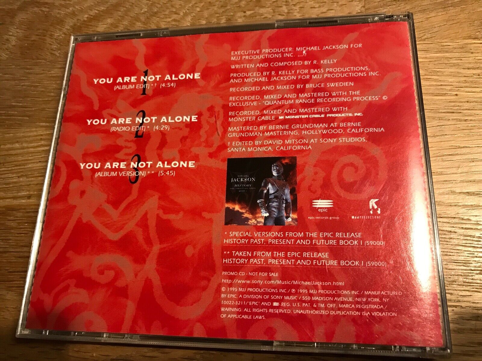 MICHAEL JACKSON "YOU ARE NOT ALONE" 1995 PROMOTIONAL CD 3 TRACK EPIC RECORDS USA