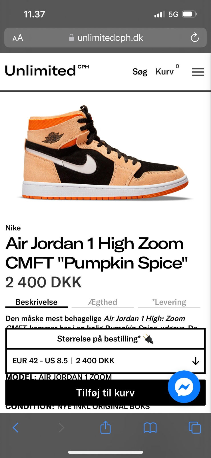 Size 85 - Jordan 1 High Zoom Comfort Pumpkin Spice 2022