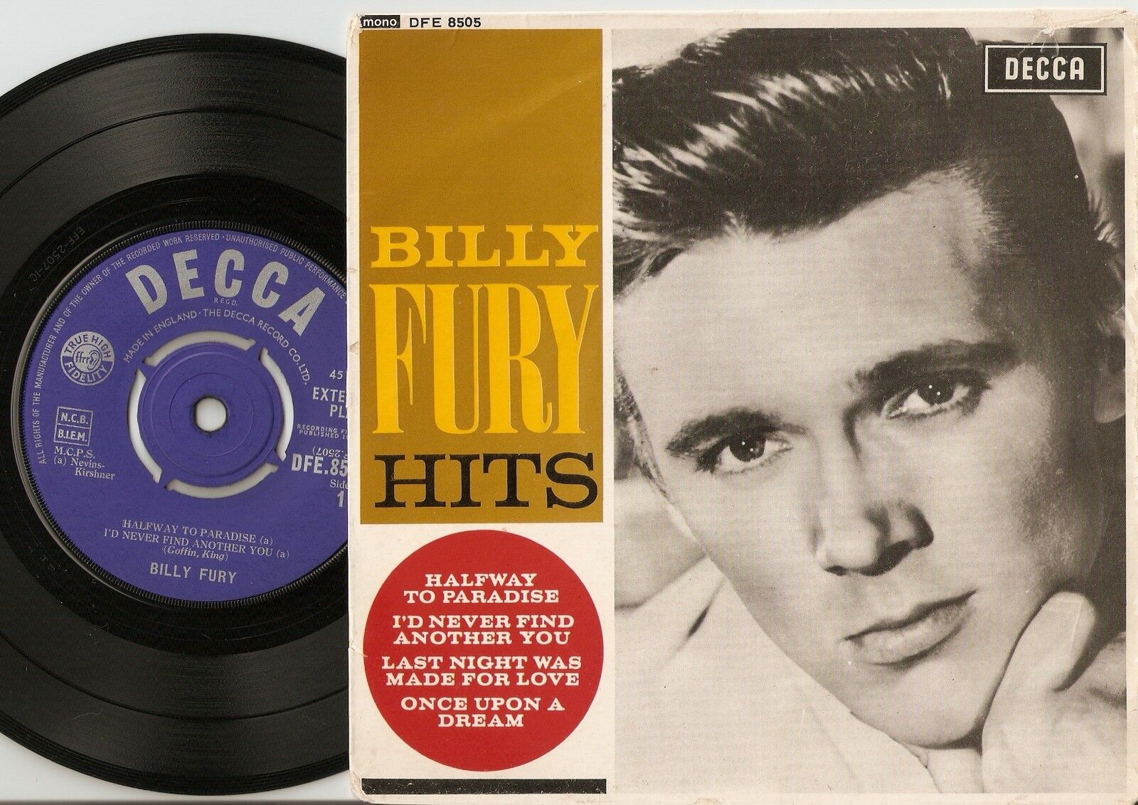 BILLY FURY HITS HALFWAY TO PARADISE EP 45+PS 1962 ROCKABILLY ROCK AND ROLL BEAT