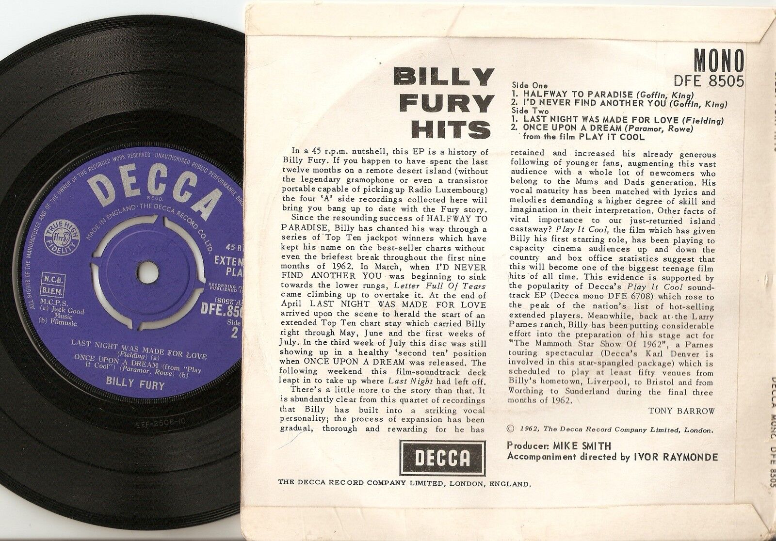 BILLY FURY HITS HALFWAY TO PARADISE EP 45+PS 1962 ROCKABILLY ROCK AND ROLL BEAT