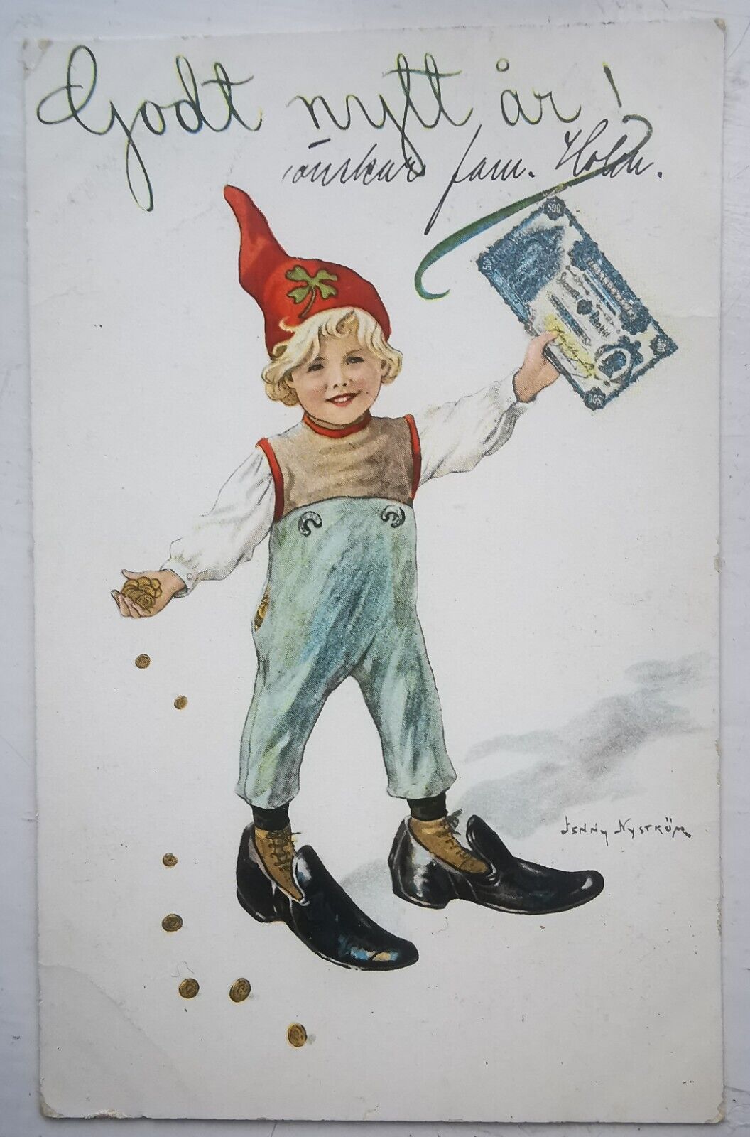 Happy New Year postcard: Young boy in fathers shoes by Jenny Nyström  pok1255