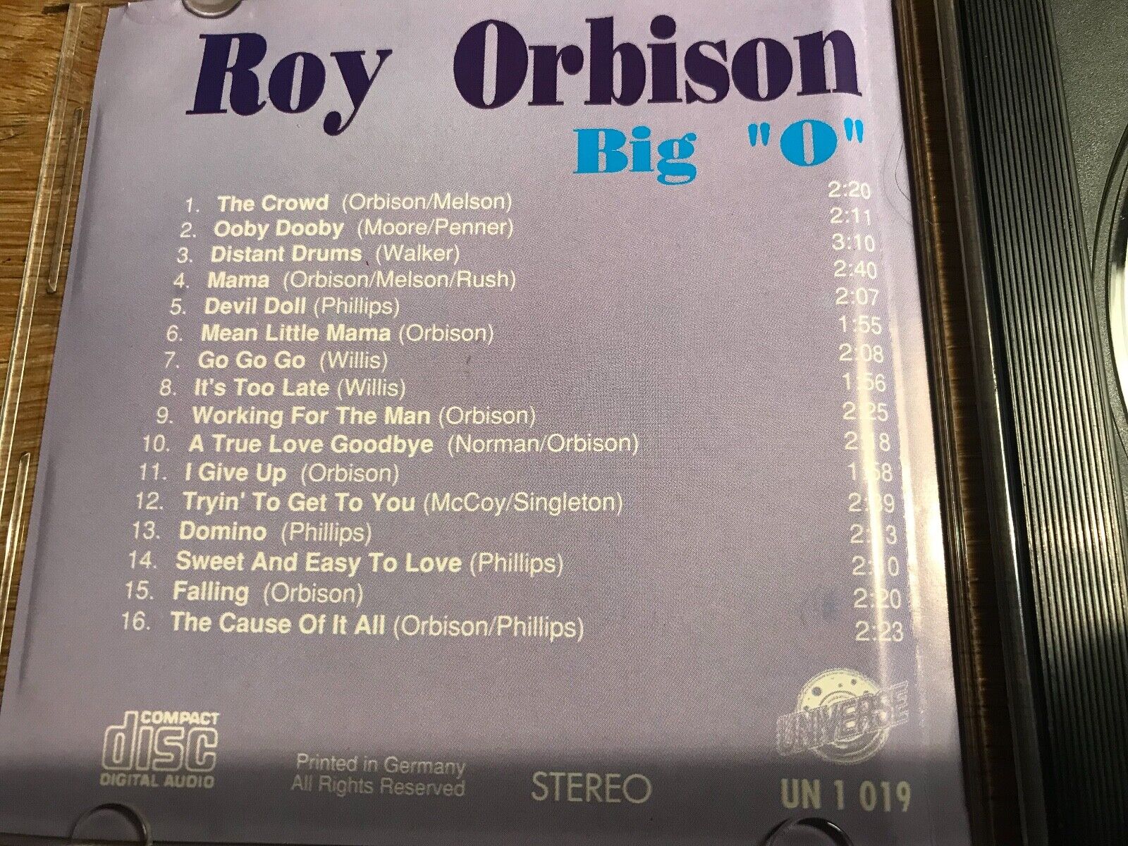 ROY ORBISON "VOL 2 BIG O" UNIVERSE CD ALBUM16 TRACK CDALBUM 1991 GEMA UN 1 019