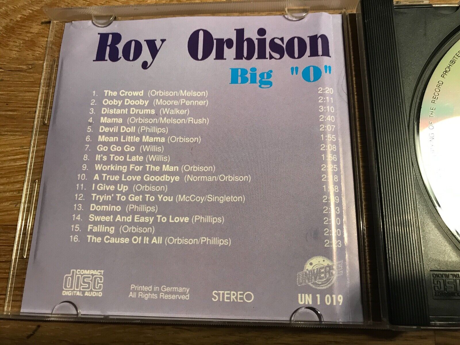 ROY ORBISON "VOL 2 BIG O" UNIVERSE CD ALBUM16 TRACK CDALBUM 1991 GEMA UN 1 019