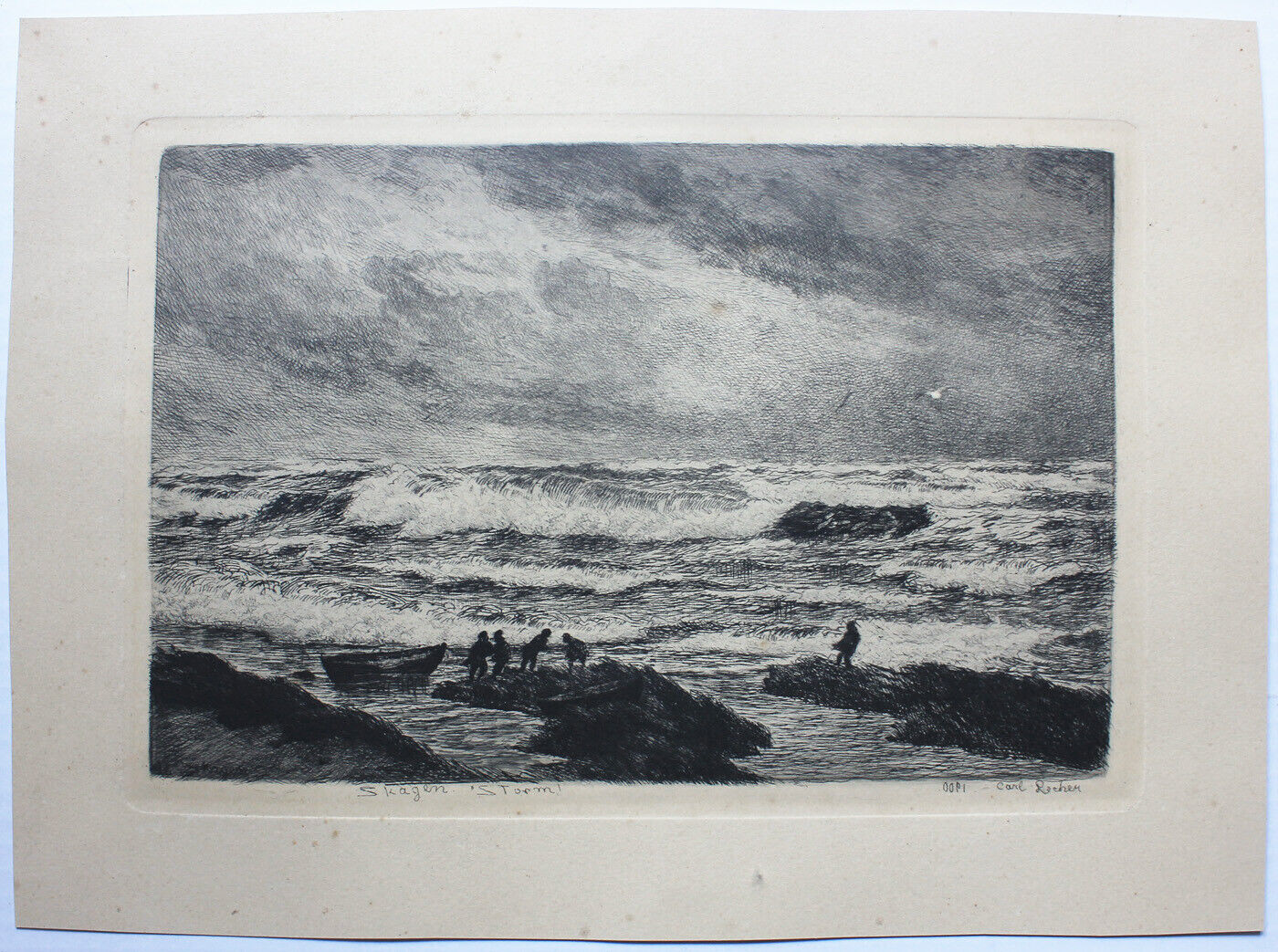 Carl Locher etching Fishermen on the Skagen beach in stormy weather 1900
