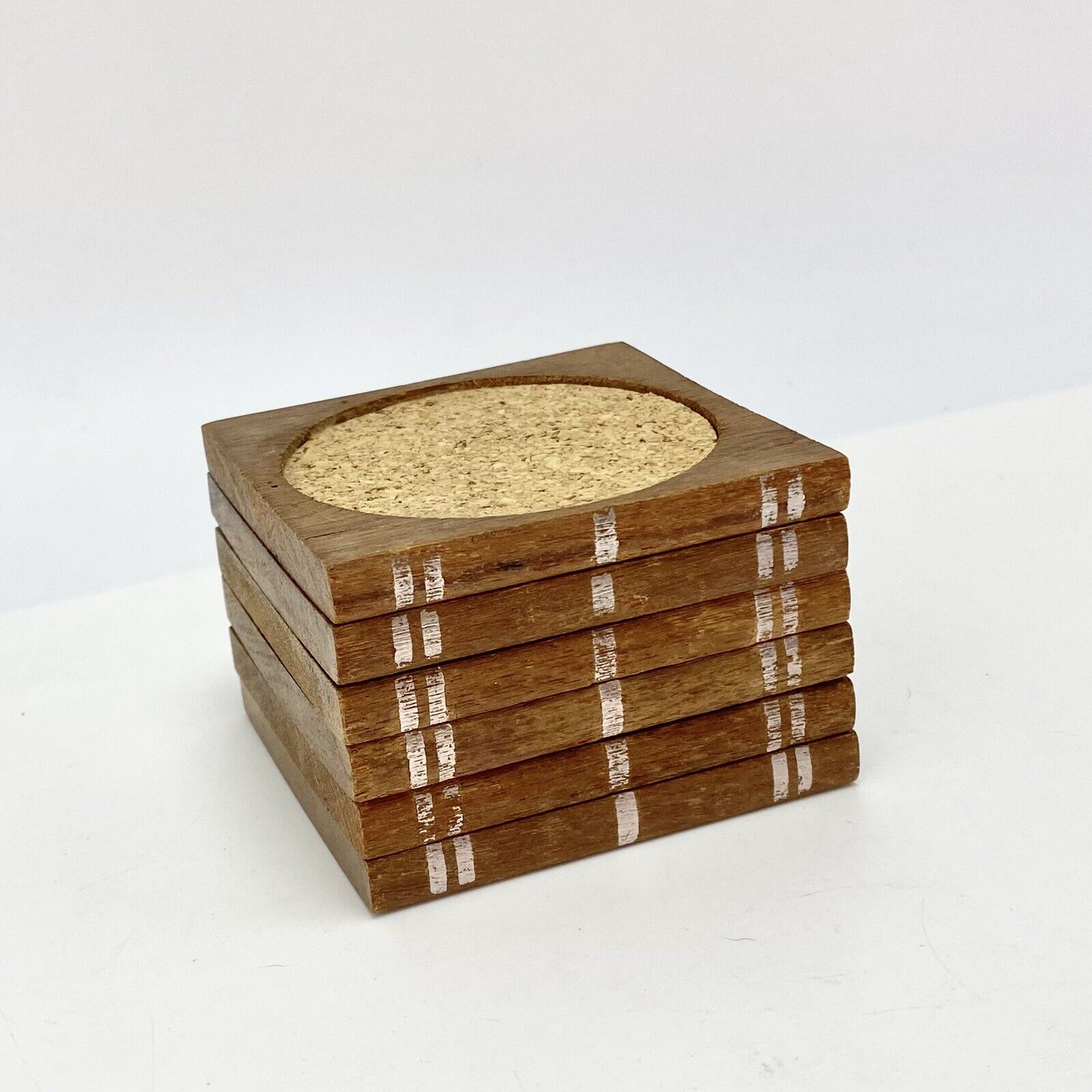 Set of 6 Novelty Book Stack Teak Wood Glass Coasters Barware MCM Danish