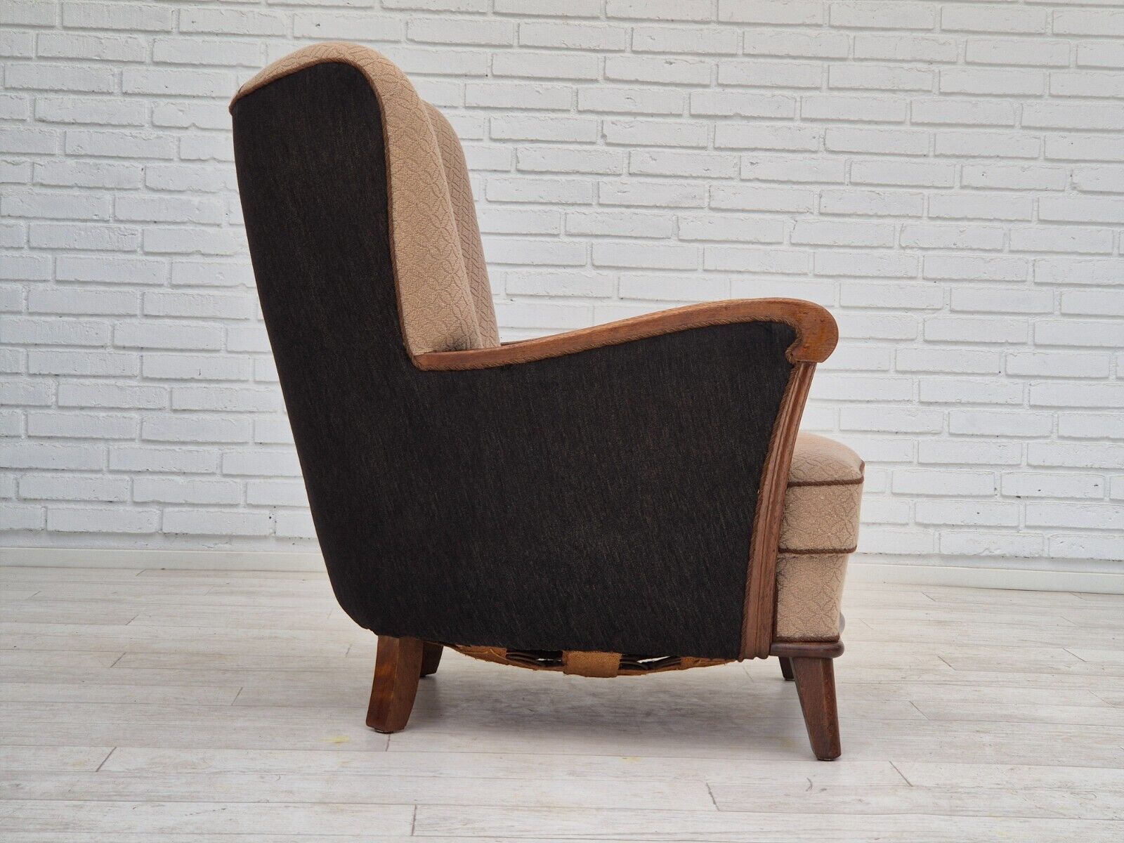 1950s Danish vintage armchair light brown cotton/wool oak wood